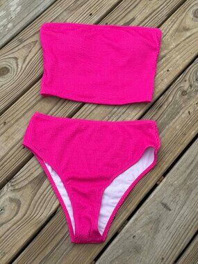 Hot Pink Bandeau Bikini Set High Waist Barbiecore Y2K Beachy 3285